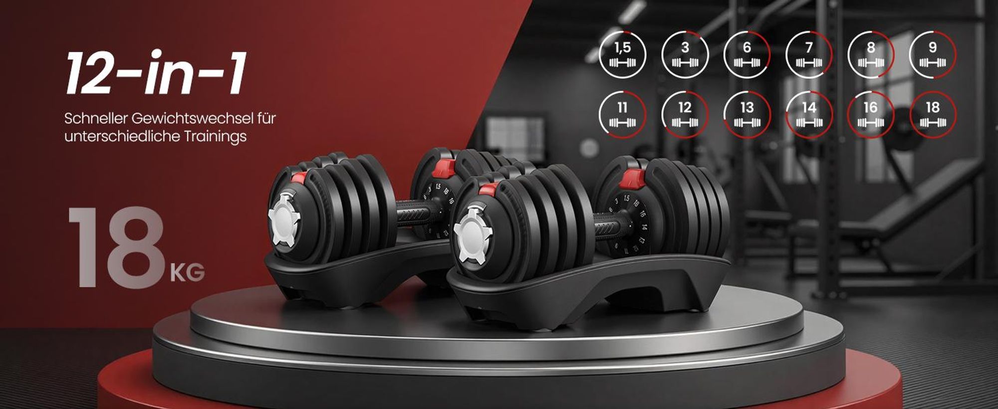 SONGMICS Kurzhanteln 2er set, verstellbar, 12-in-1, 1,5 kg bis 18 kg, mit Ständer, schwarz-rot