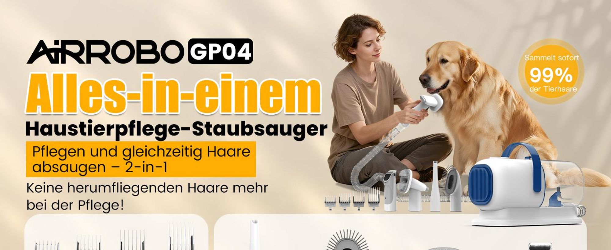 AIRROBO GP04 Hundepflegesauger und Hundehaarsauger, 12000 Pa Saugleistung, Hundestaubsauger zur Fellpflege, Haustier-Staubsauger-Pflegeset