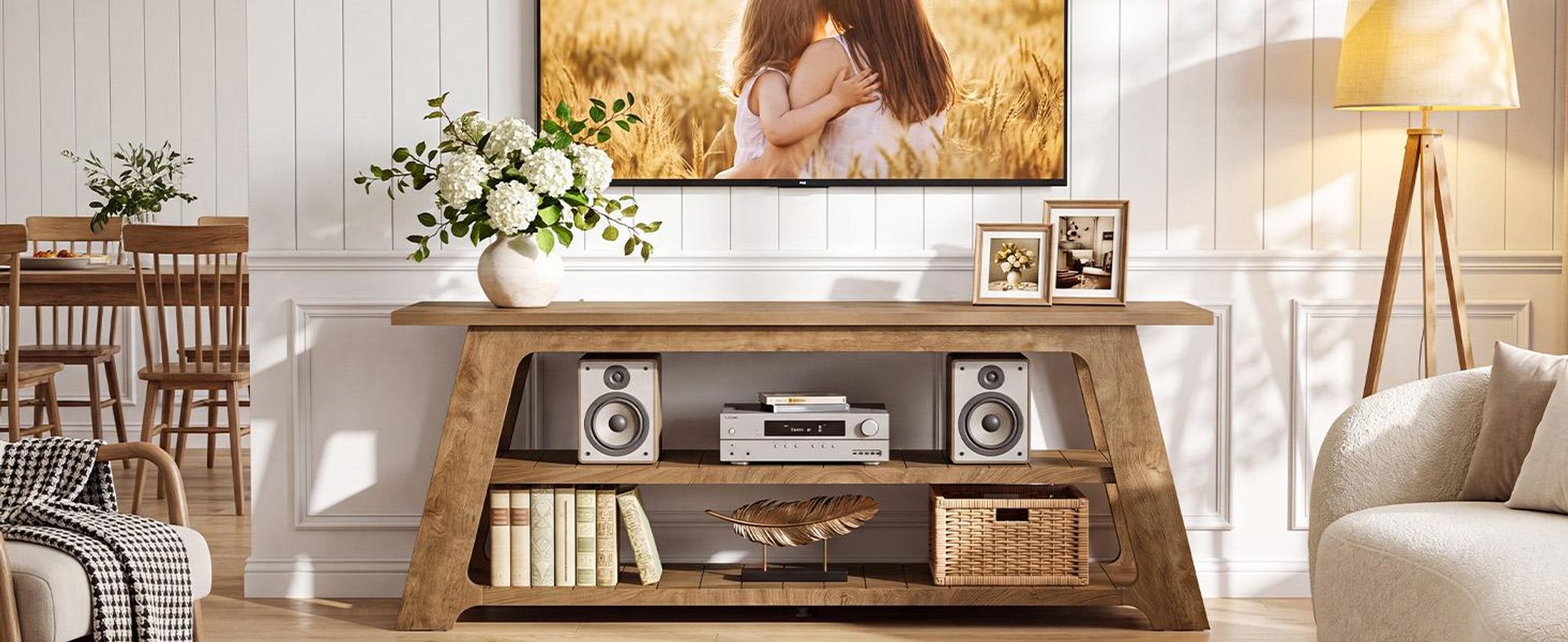 Wanbor 160 cm TV-Ständer, TV-Konsolentisch im Landhausstil mit offenem Stauraum, Fernsehschrank mit stabilem, für Fernseher von 55 bis 75 Zoll