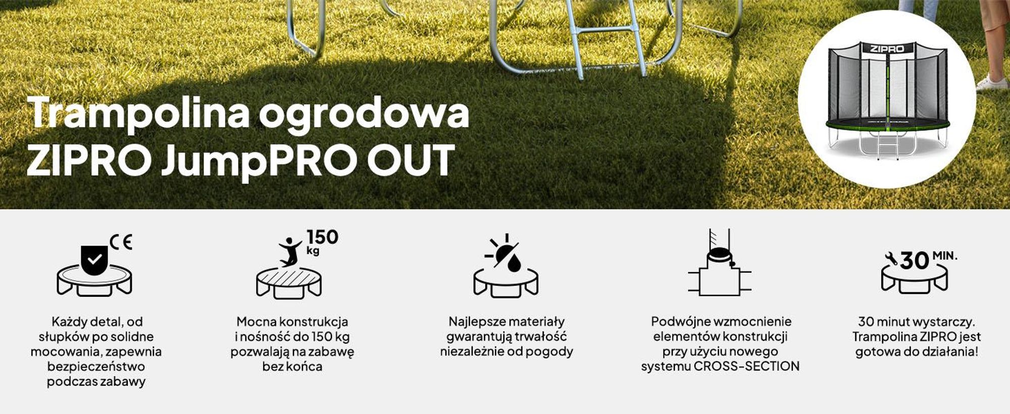 Trampolina ZIPRO Jump Pro Out | 8FT Ø 252 cm | Trampolina ogrodowa dla dzieci Kompletny zestaw zawierający siatkę zewnętrzną, drabinkę i osłonę krawędzi, do użytku na zewnątrz, kolor zielony
