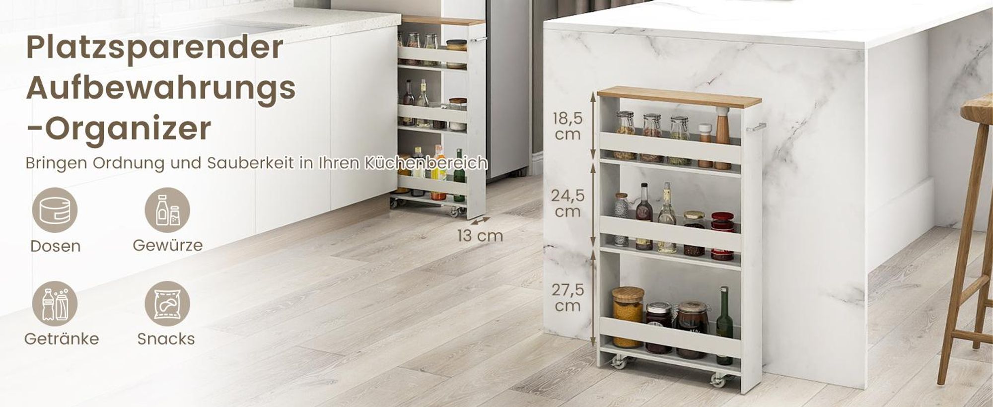 COSTWAY Nischenwagen 13cm breit, 4 Etagen Küchenwagen schmal, Nischenregal auf Rollen, Servierwagen, Badregal Holz, 47,5x13x80,5cm, Grau+Natur