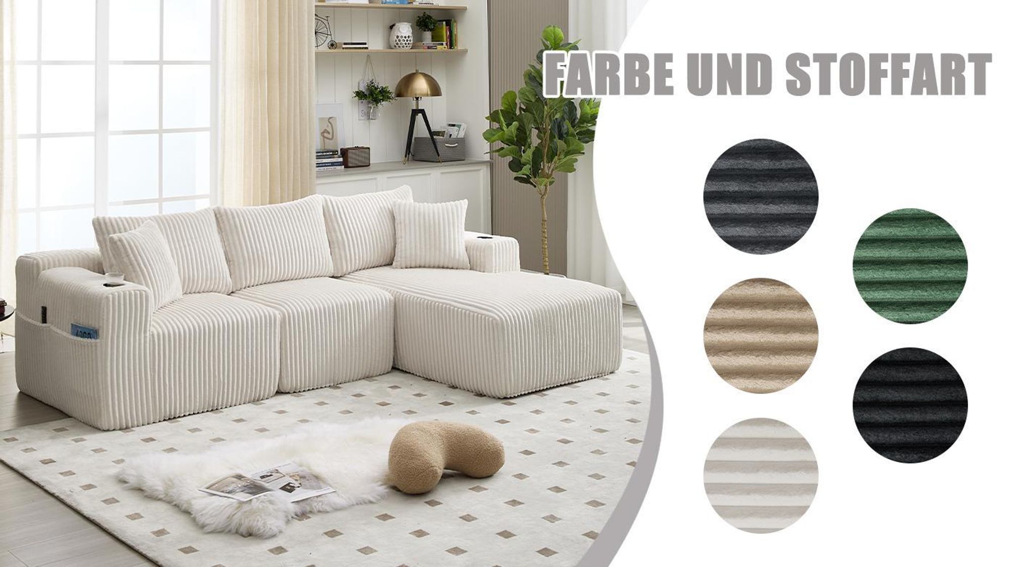 LVHOM Modulares Sofa mit Schlaffunktion, Ecksofa mit Cordbezug, 3 Sitzer mit Kissen, Schlafsofa ohne Montage, Loungesofa 257x80x160cm, Schwarz