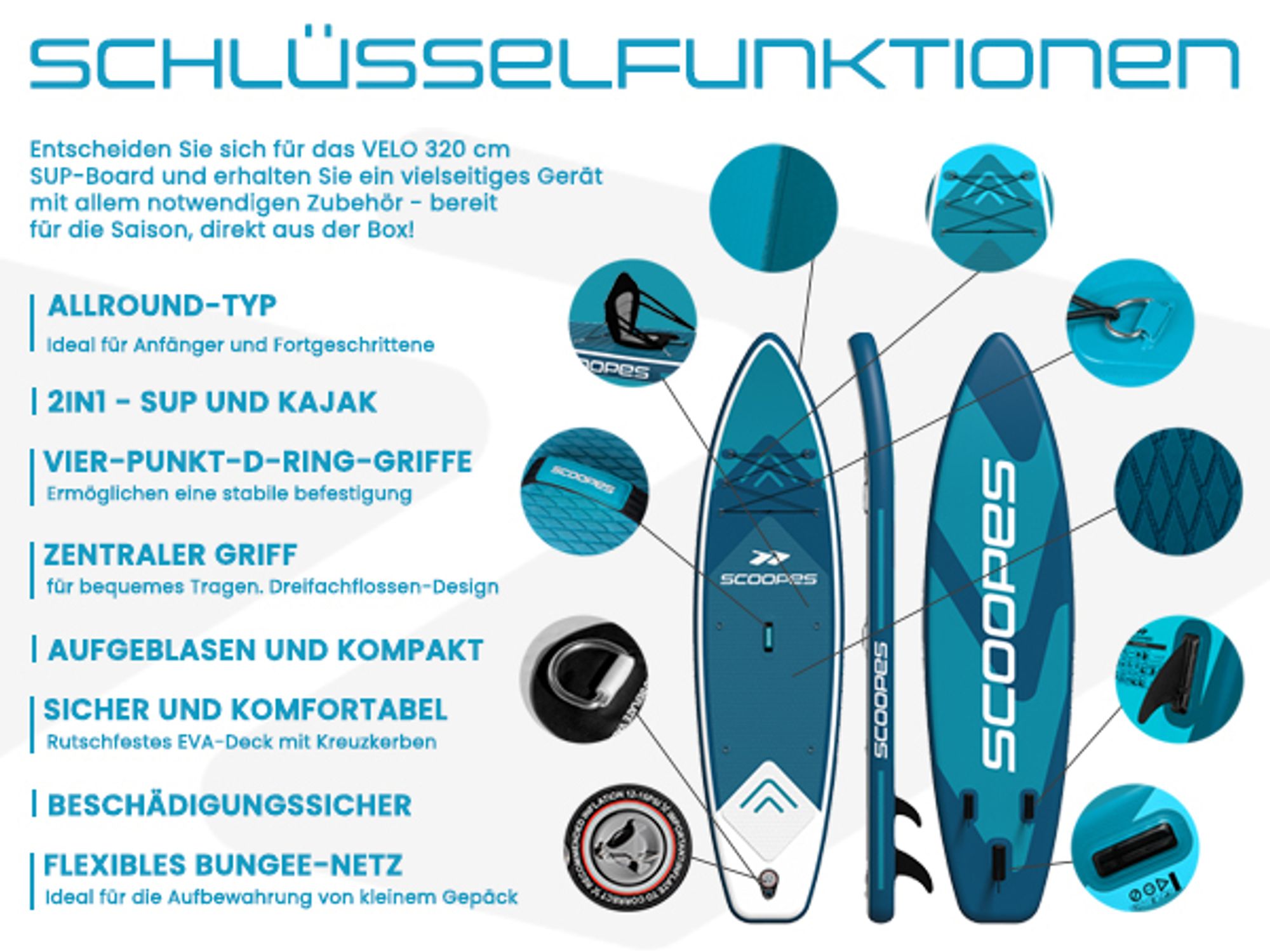 SUP Board Stand Up aufblasbar 320cm mit Sitz Kajak Set Paddel Pumpe Rucksack Komplettset Scoopes VELO Blau bis 150kg