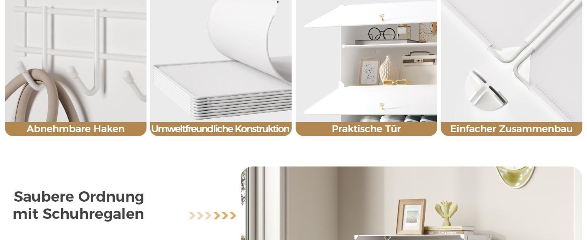 Mondeer Aufbewahrungsschrank aus PP, 6 Fächer Schuhschrank mit Haken für 18 Paar Schuhe, höhenverstellbar, für Flur & Wohnzimmer Weiß