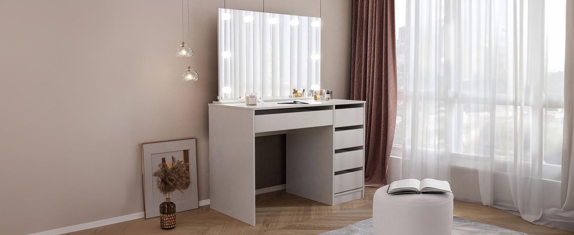 Idohome Schminktisch mit Spiegel, Schminkkommode modern, Frisiertisch mit Schubladen, Kosmetiktisch mit Beleuchtung, Schmuckschrank in Kaschmir BELLA