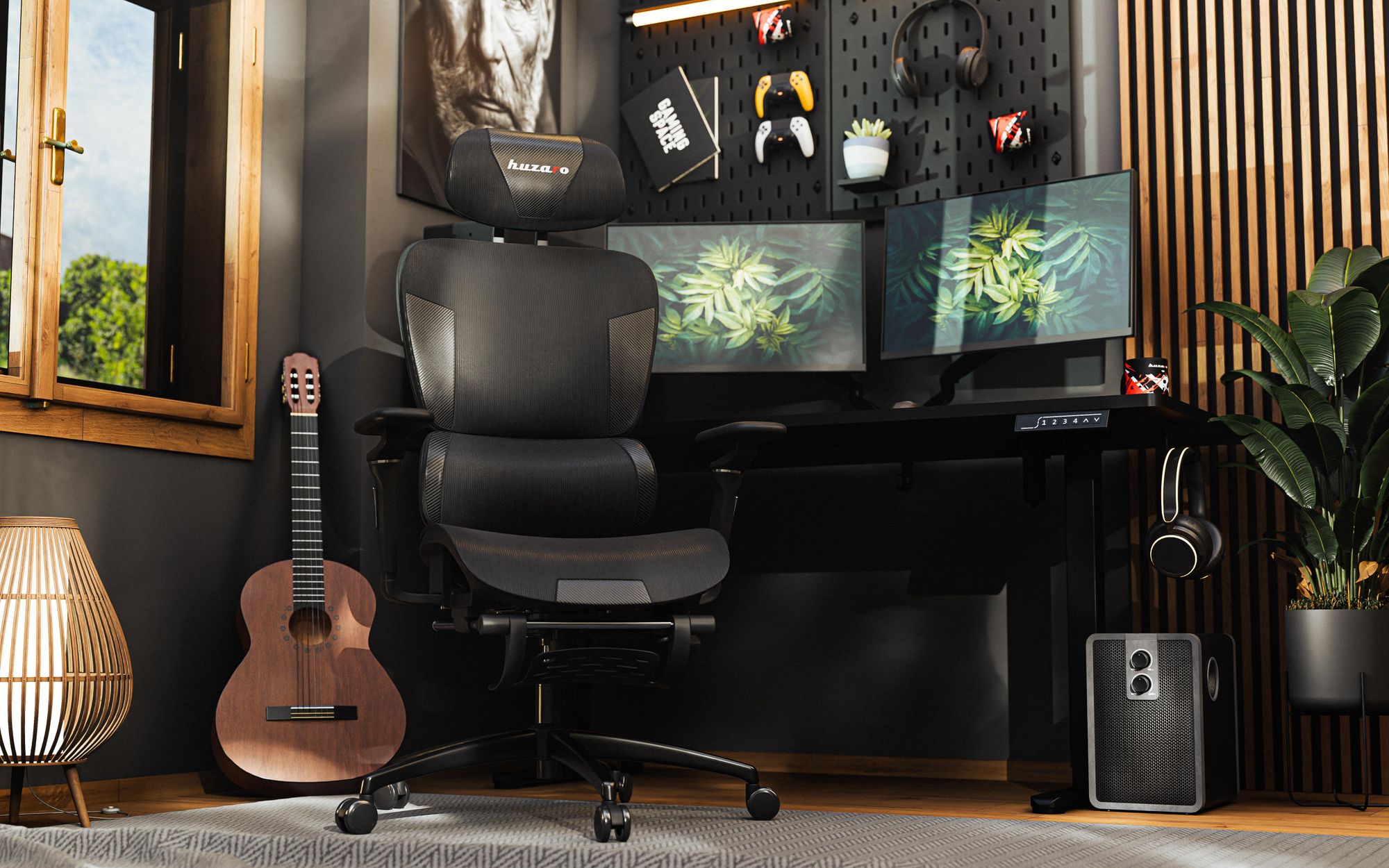 Huzaro Combat 7.9 Black | Gaming Stuhl Ergonomischer Bürostuhl | Integrierter Lordosenstütze | Fußstütze | Sitztiefe einstellen | Stoff | Schwarz