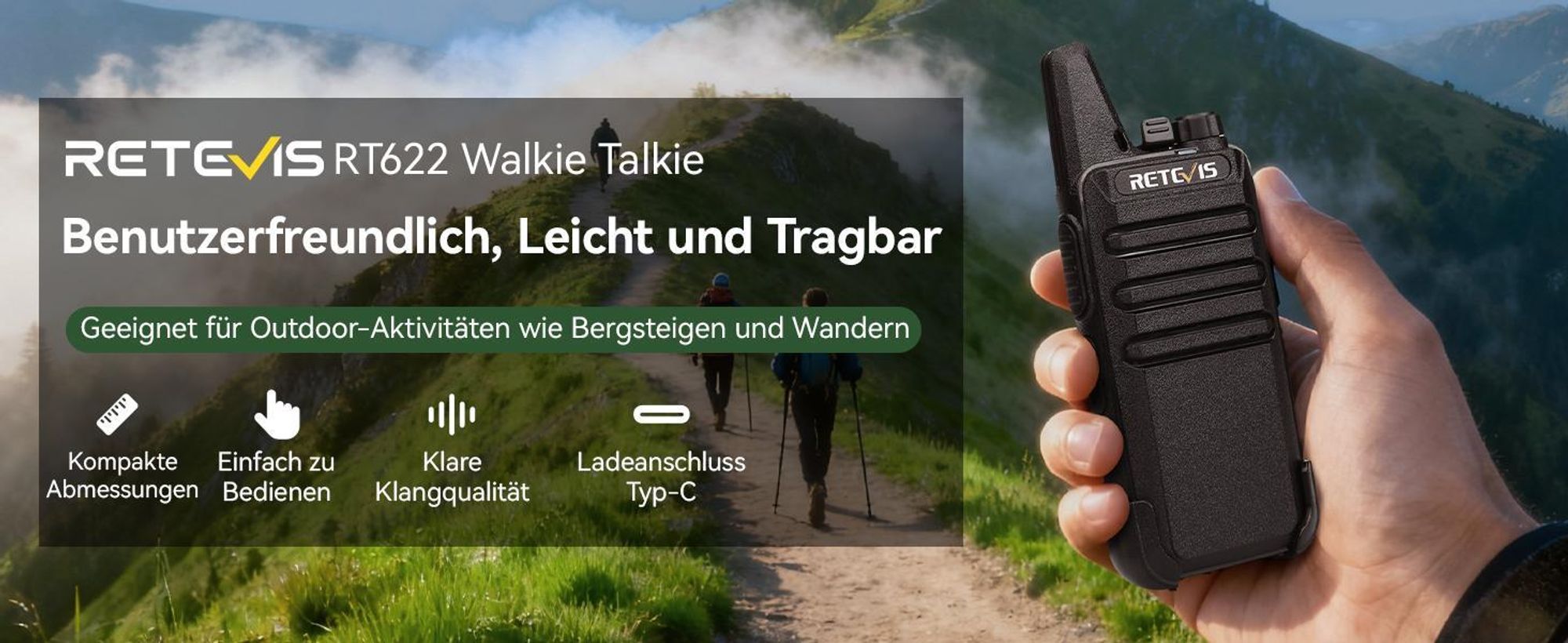 Retevis RT622 Walkie Talkie, Tragbare Funkgeräte mit Ohrhörer, PMR446, Wiederaufladbares, VOX Squelch, Notfall Alarm, für Familienausflüge, Camping