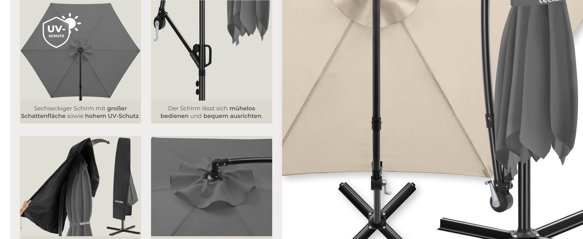 tectake® Ampelschirm Artemis 3,5 x 3,5 m, 360° drehbar mit Doppeldach