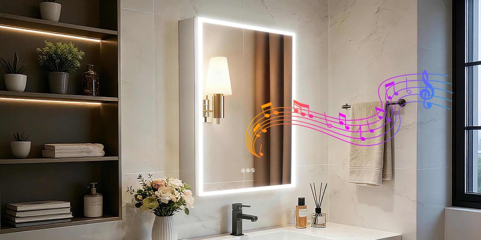 WISFOR Spiegelschrank Bad LED 50x70 cm LED Badezimmerschrank mit Bluetooth Steckdose Antibeschlag 3 Lichtfarben Touch