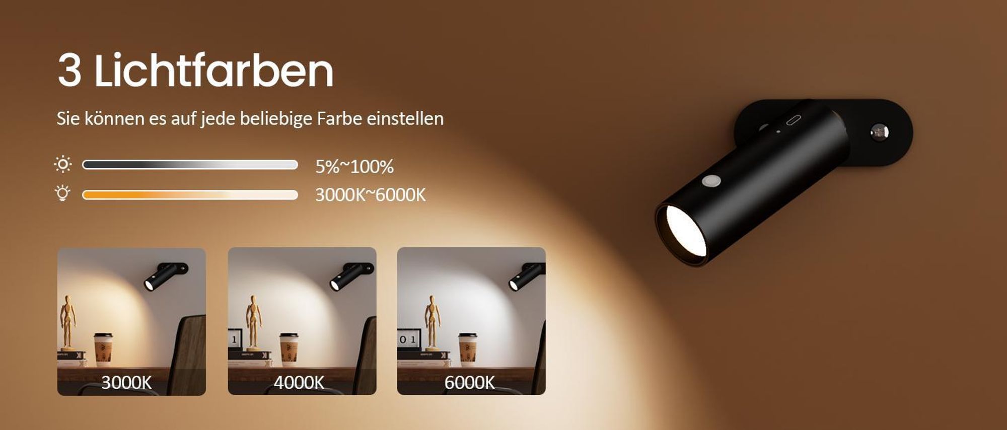 EMKE Tischlampe LED 5-in-1 design Dimmbare Schreibtischlampe Kabellos, USB-C Aufladbar 3 Lichtfarben Multifunktionale Klemmleuchte & Wandlampe Schwarz