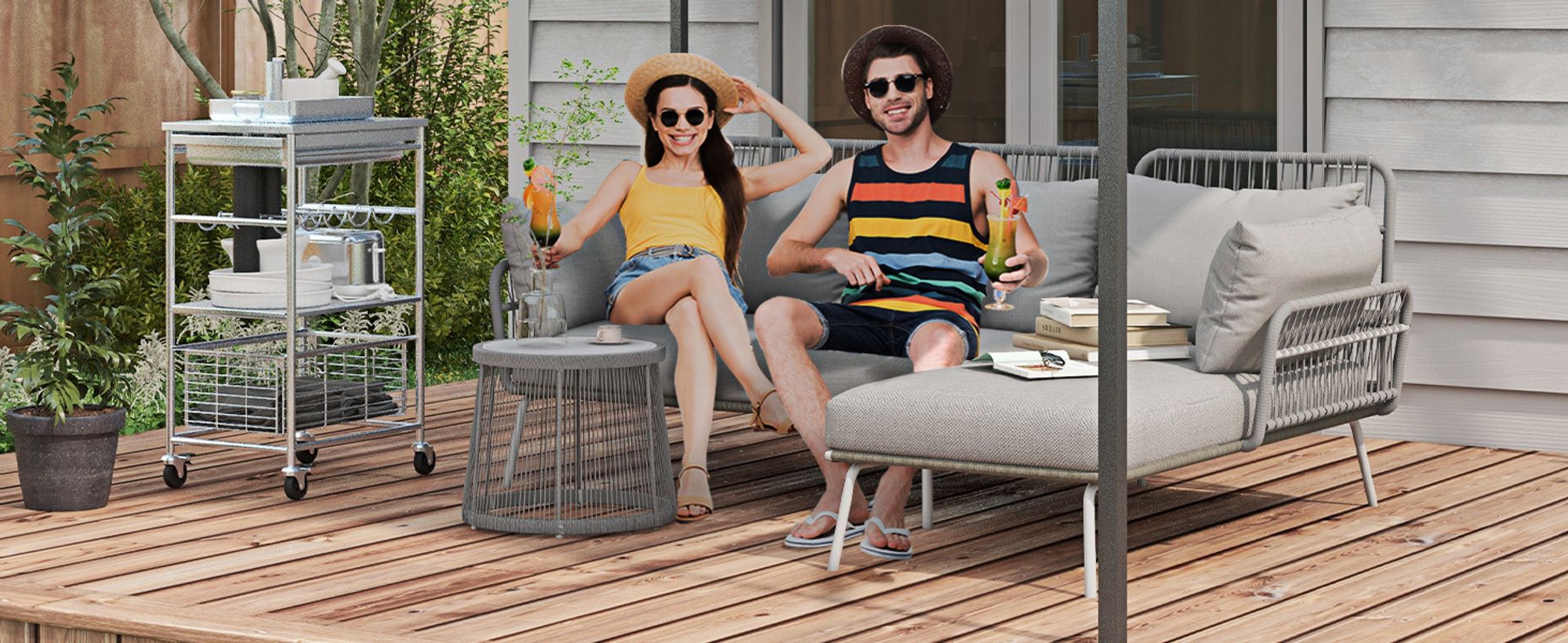 Outsunny Gartenmöbel-Set, Ecksofa & Beistelltisch, Polyrattan, Stahlrahmen, Grau