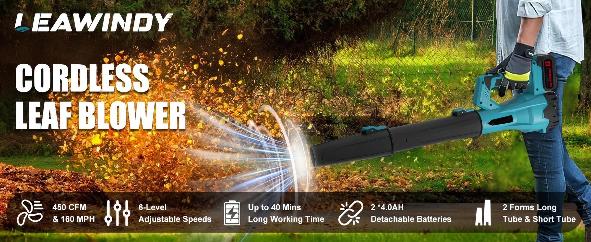 Akku Laubbläser 6 Stufen mit 2x4000mAh Akku und Ladegerät，Akku-Gebläse für Laub &amp, Pulverschnee; Tragbarer Kabellos laubbläser für Haus,Garten,Auto
