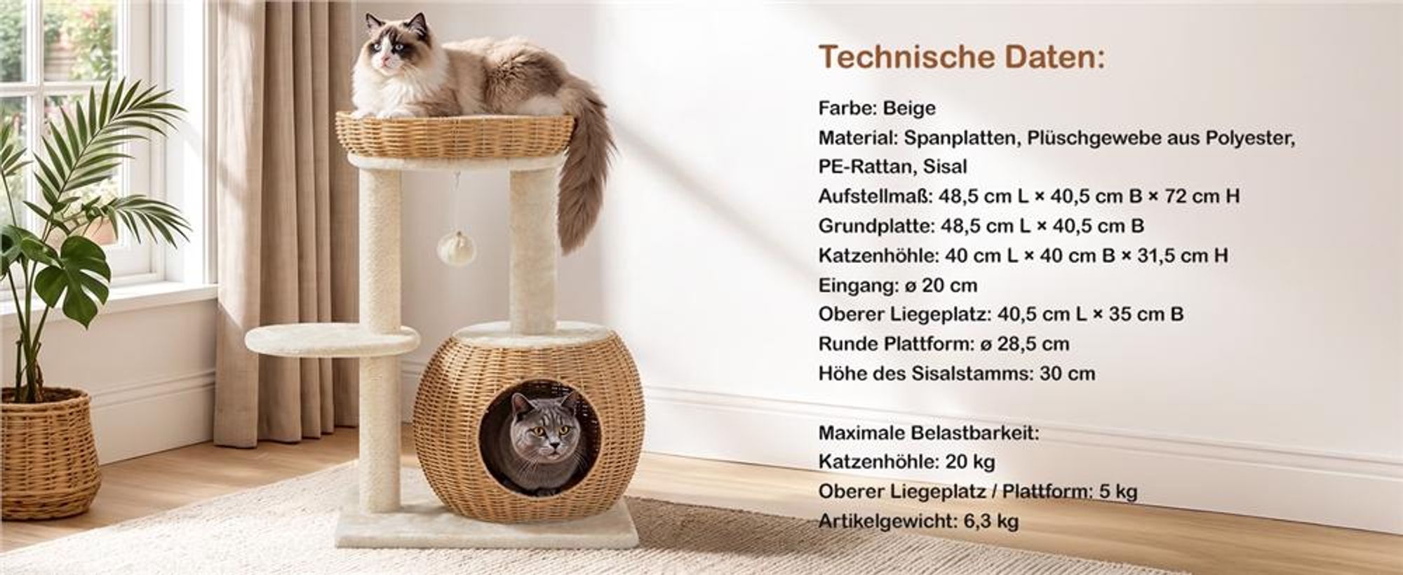 Yaheetech Kratzbaum aus PE-Rattan, 72 cm, mit Katzenhöhle & Liegeplatz, abnehmbare Plüschmatte, Rattan-Optik, für kleine & mittelgroße Katzen, Beige