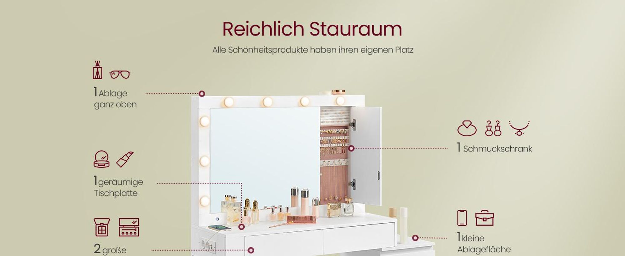 VASAGLE Schminktisch mit LED-Beleuchtung, Frisiertisch mit Spiegel, Schmuckschrank, Steckdosenleiste, 40 x 125 x 140 cm, Kosmetiktisch mit Schubladen