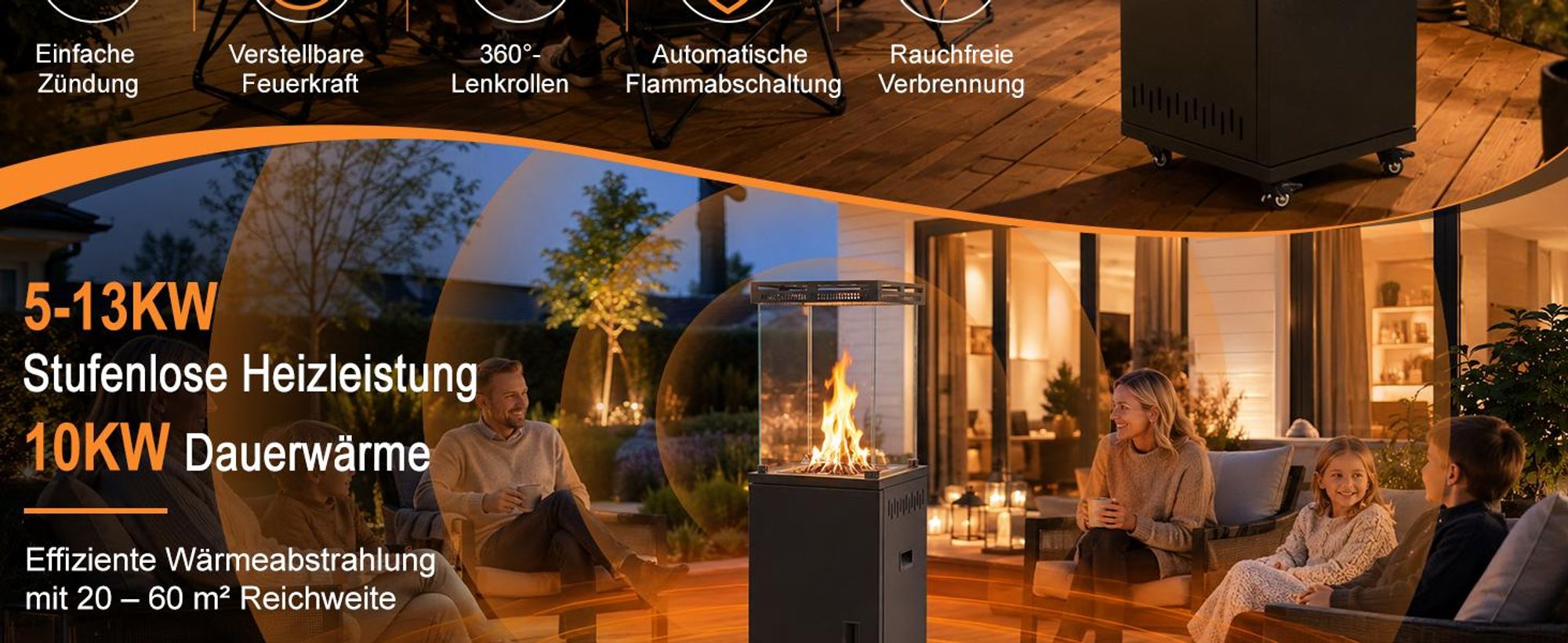 ZMH Riscaldatore a gas per terrazzo 13kW fungo riscaldante protezione anti‑ribaltamento fiamma regolabile mobile bombola 15kg balcone giardino