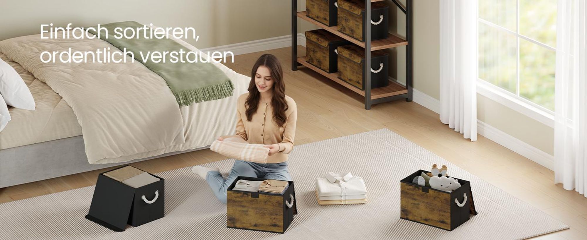 SONGMICS Aufbewahrungsbox 3er Set mit Deckel, Faltbare und Stapelbare Stoffboxen, 38 x 25 x 25 cm, Schwarz