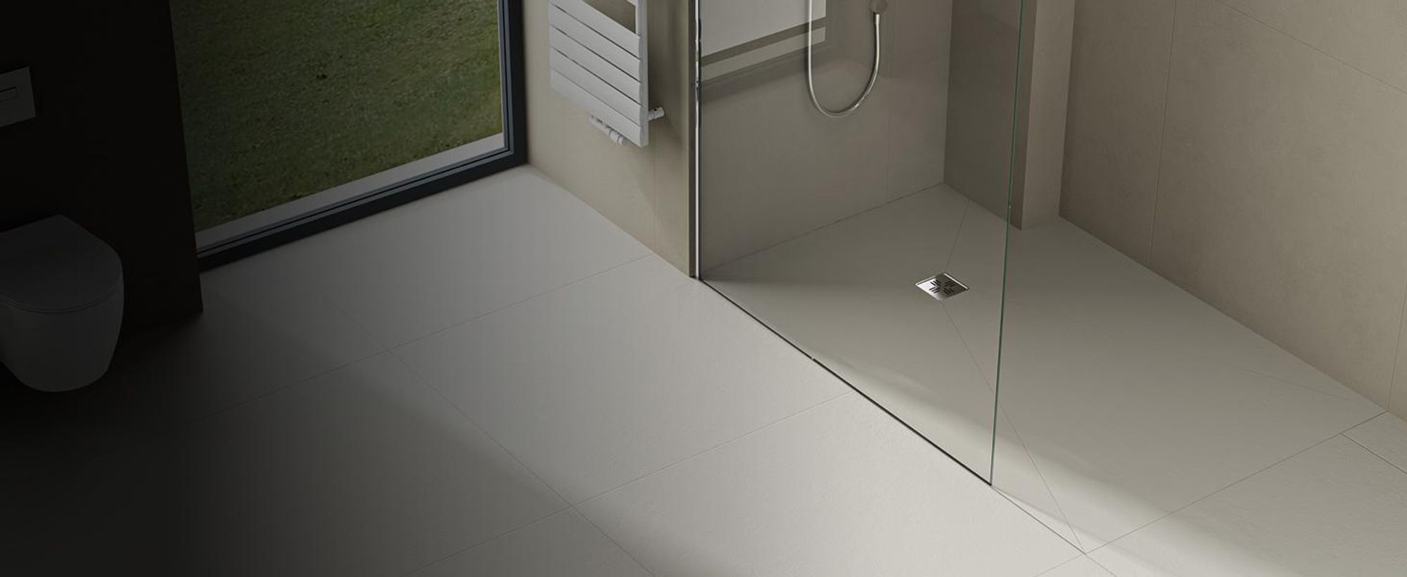 doporro Duschelement Befliesbar mit Gefälle 100x100x4cm in Beton Grau Duschboard Zuschneidbar mit Ablaufrinne waagerechter Ablauf XPS