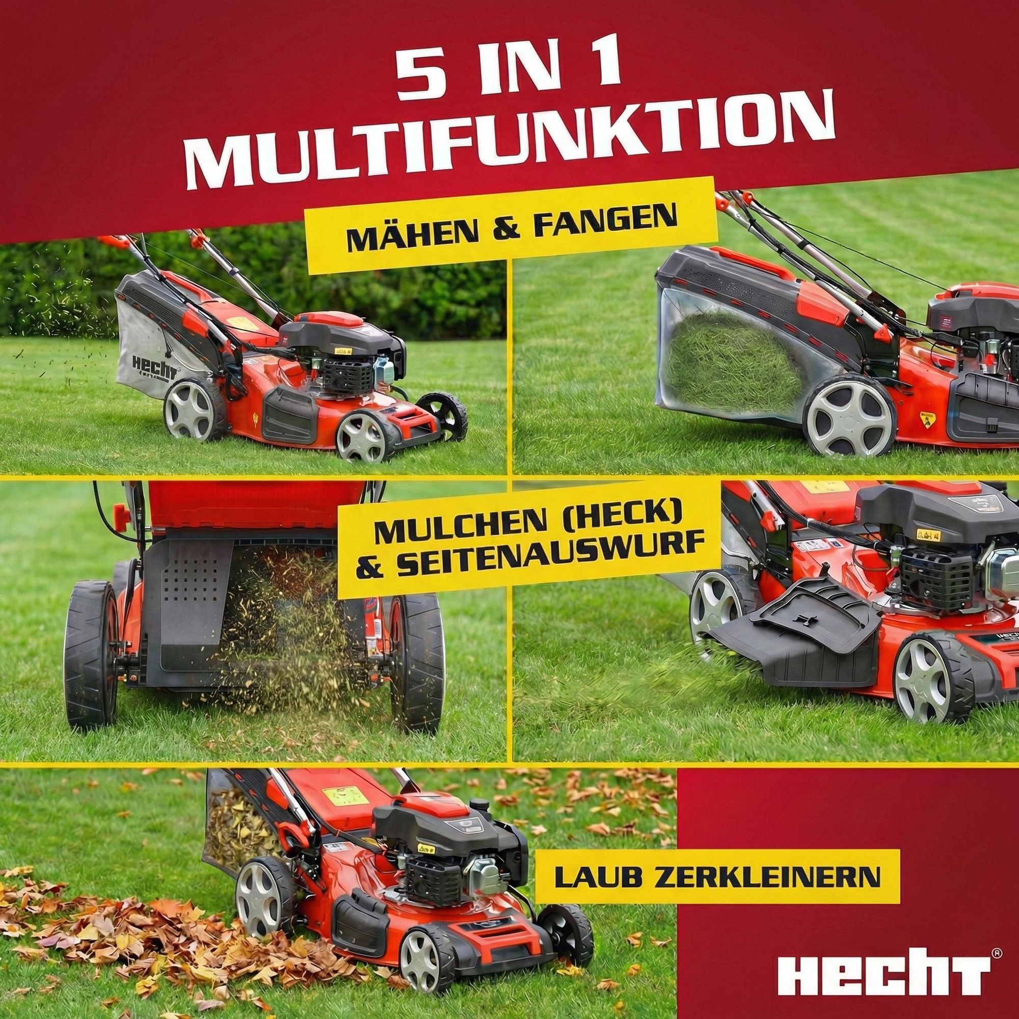 HECHT 551 SXE Rasenmäher Benzin mit Antrieb | 51 cm Schnittbreite | Elektrostart | 5in1 | 5,5 PS | Mulchkit