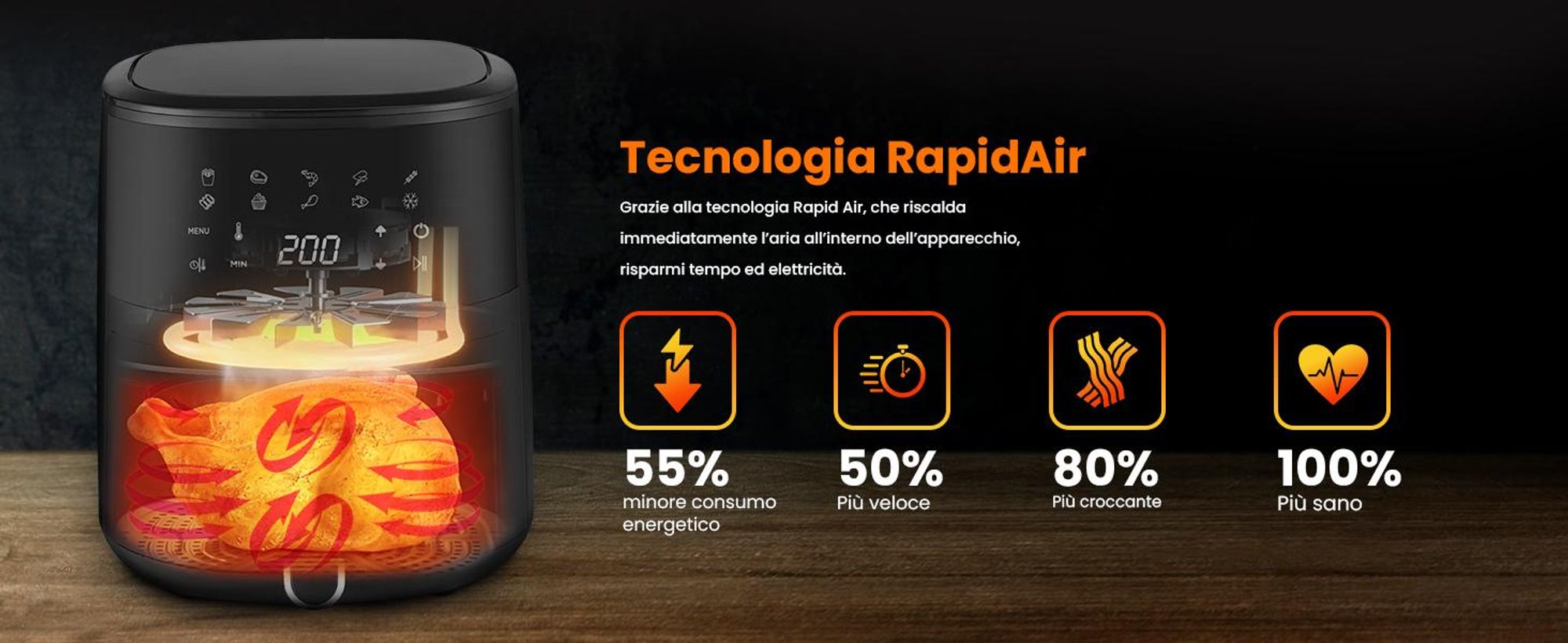 Extralink Air Fryer 4,2 L, friggitrice ad aria, 1300 W, display touch, nera