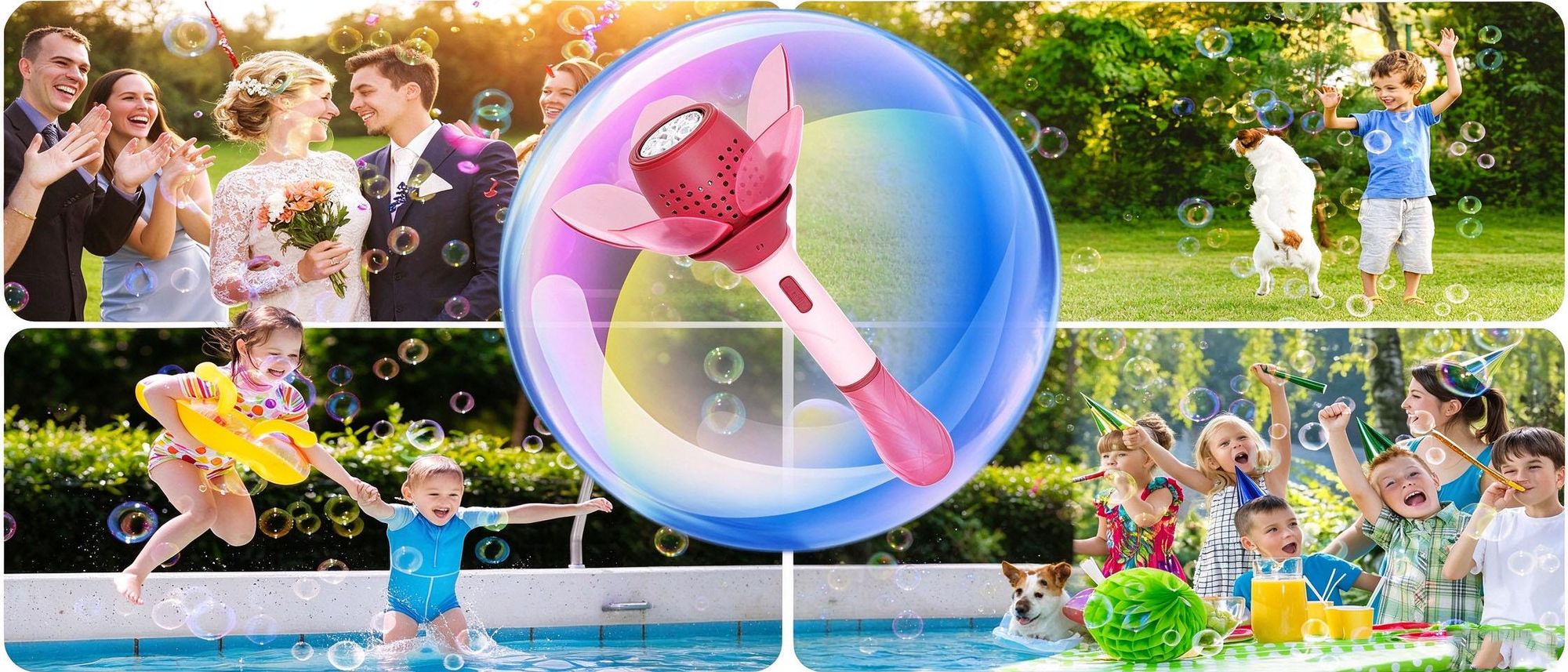 Juksun Seifenblasen Lotusblume pink 10x33cm 120ml Seifenblasenmaschine elektrisch Seifenblasenstab Licht für Kinder Party und Garten