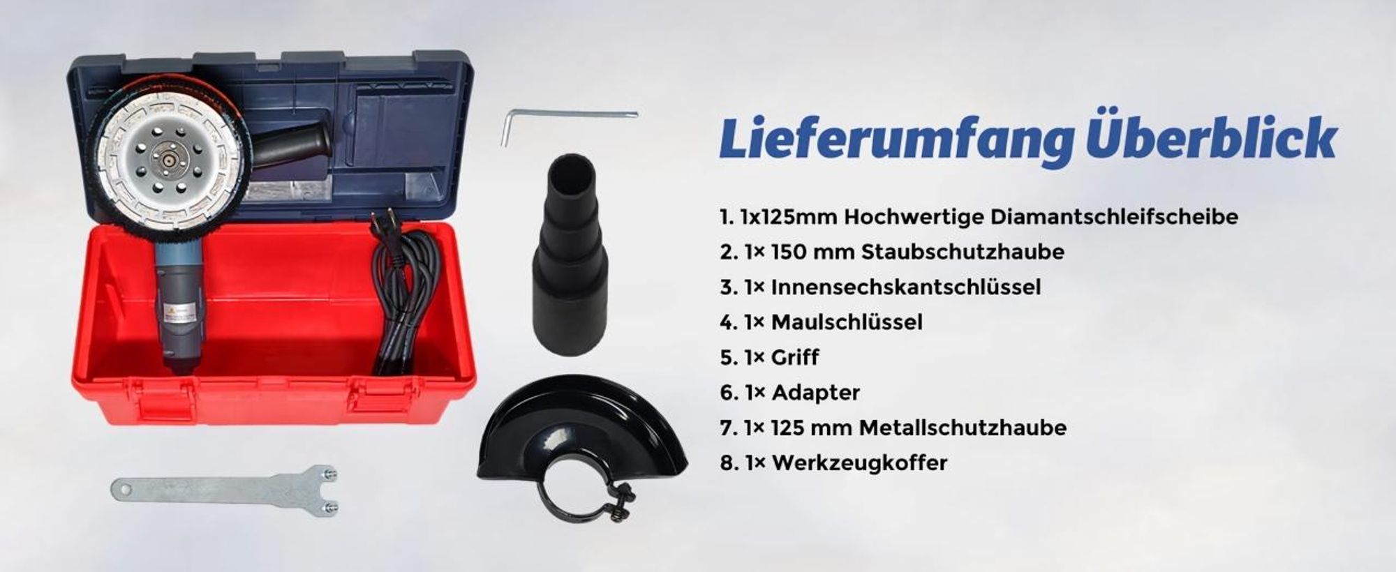 Betonschleifer Winkelschleifer Set max. 1900 W mit bürstenlosem EC-Motor, Betonfräse inkl. 125 mm Diamantschleiftopf, Absaughaube und Tragkoffer