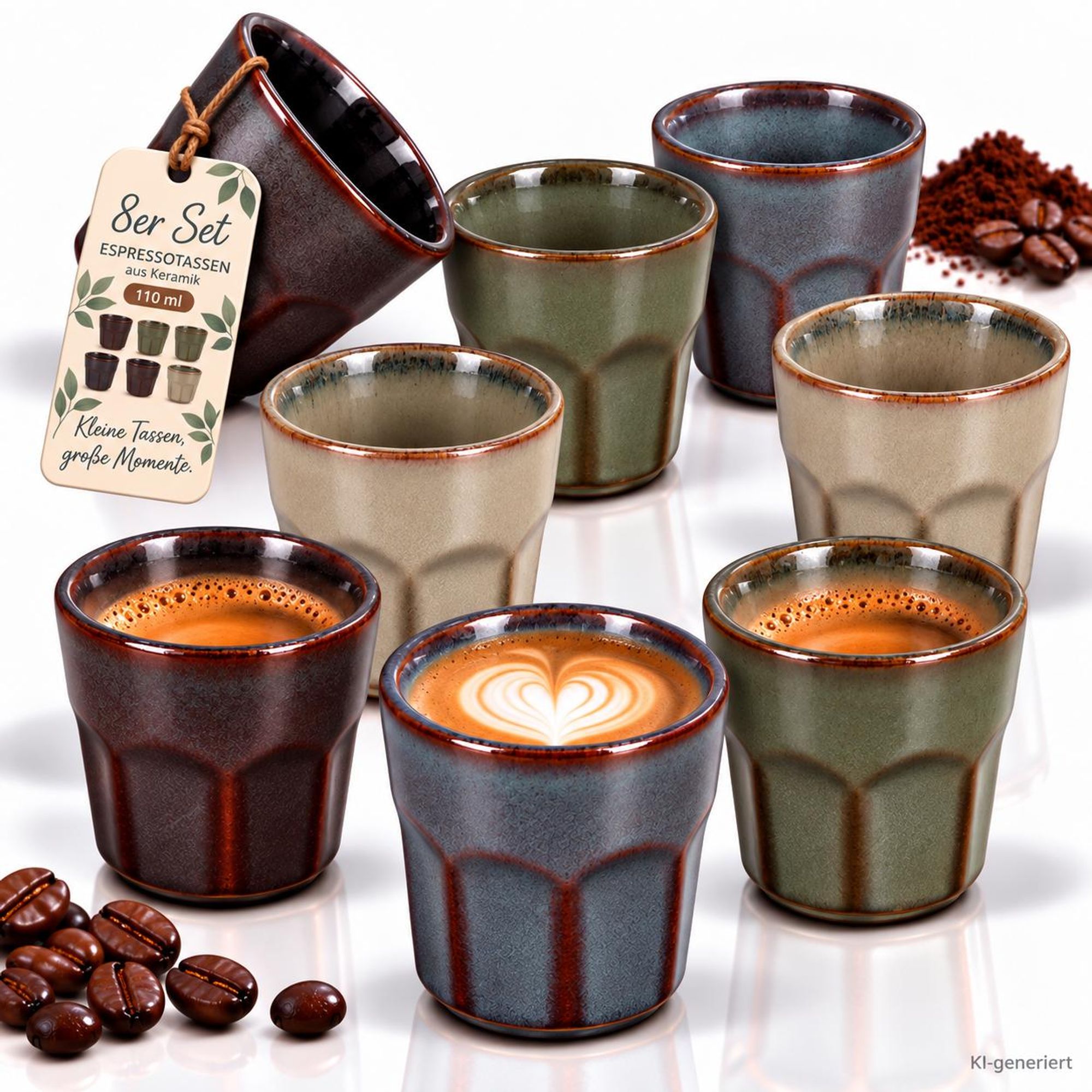 8er Set Espressotassen 110 ml aus Keramik – ohne Henkel, 4 Farben, kleine Kaffeetassen aus Steingut für Espresso, Mokka & Ristretto