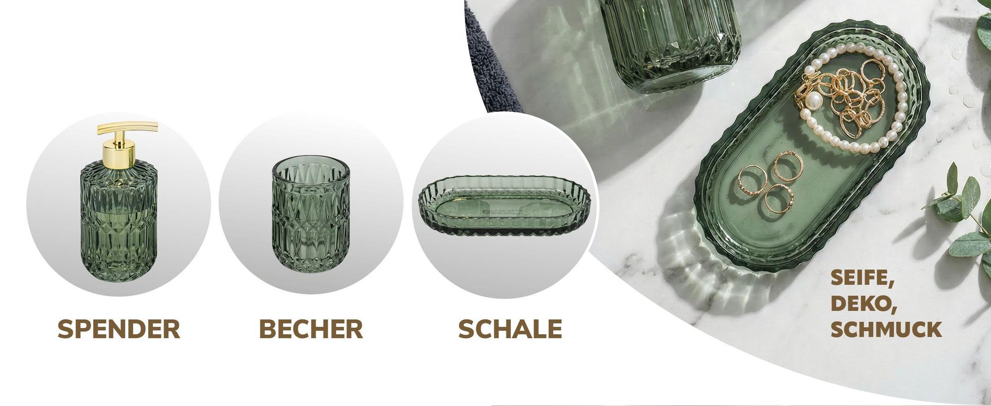 eluno Bad-Accessoires Set BURANO 3tlg. aus grünem Glas, 1x Seifenspender, 1x Becher und 1x Schale