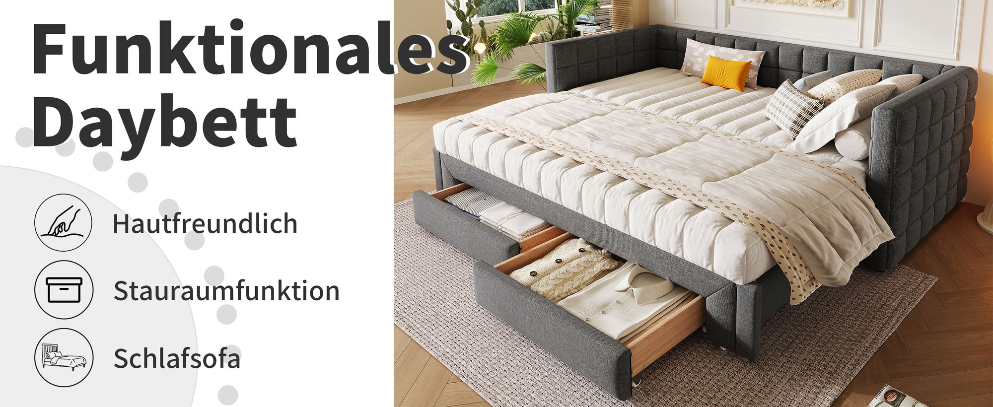 okwish Daybett, Jugendbett Kinderbett Tagesbett, Ausziehbett Sofabett 90 x 200cm,t mit quadratischer Rückenlehne,(ausziehbar auf 180 Queensize), 2 Schubladen, ohne Matratze,Grau