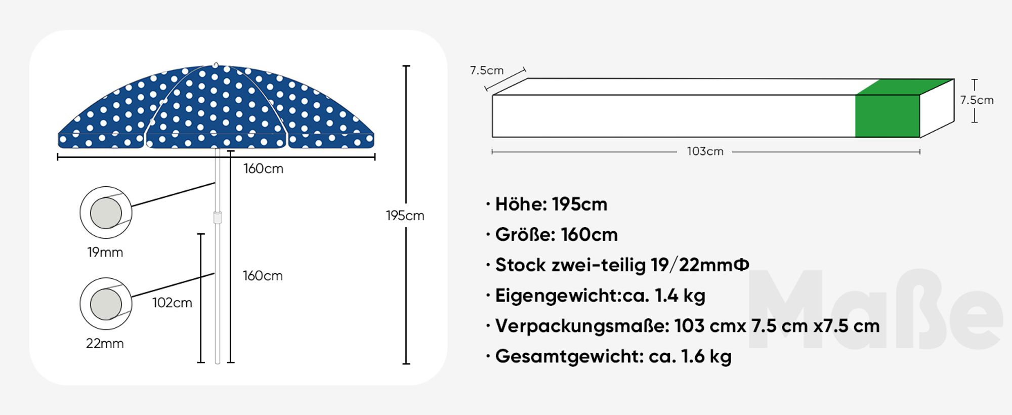 Sekey Sonnenschirm Rund Ø 160 cm Terrassen Gartenschirm Strandschirm mit kurbel & Schutzhülle Neigungswinkel und Höhe verstellbar, Blau-weiß gepunktet