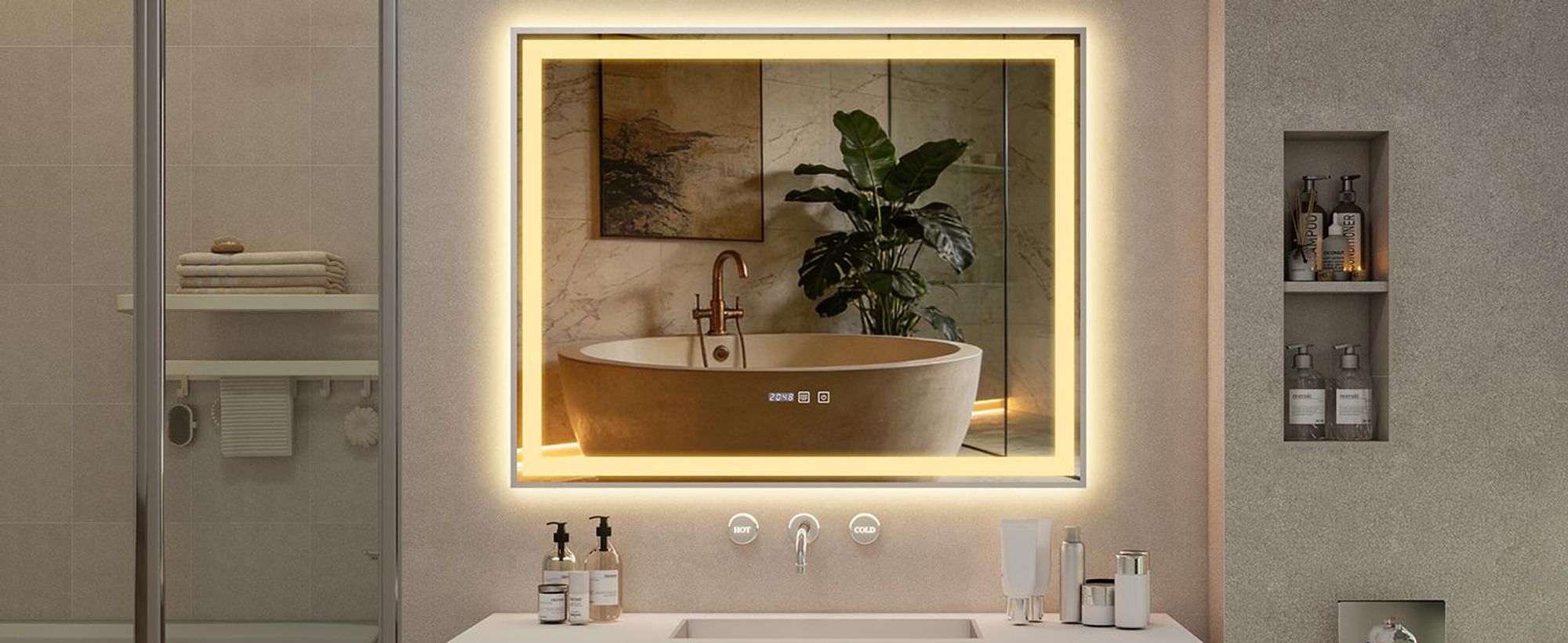Puluomis Badspiegel 100x80 beschlagfrei mit 3 Farbe Beleuchtung, dimmbare Helligkeit, Badezimmerspiegel mit Digitaluhr, Temperatur silber
