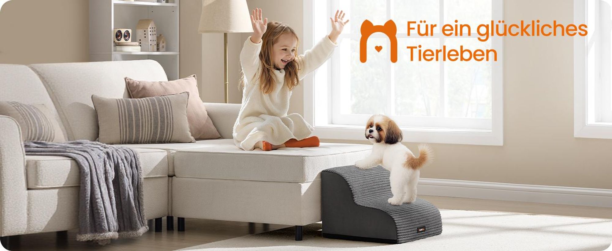 Feandrea Hundetreppe, 2 Stufen, Cord mit Querstreifen, Haustiertreppe, für Bett, Sofa, wasserdicht, rutschfest, geringe Neigung