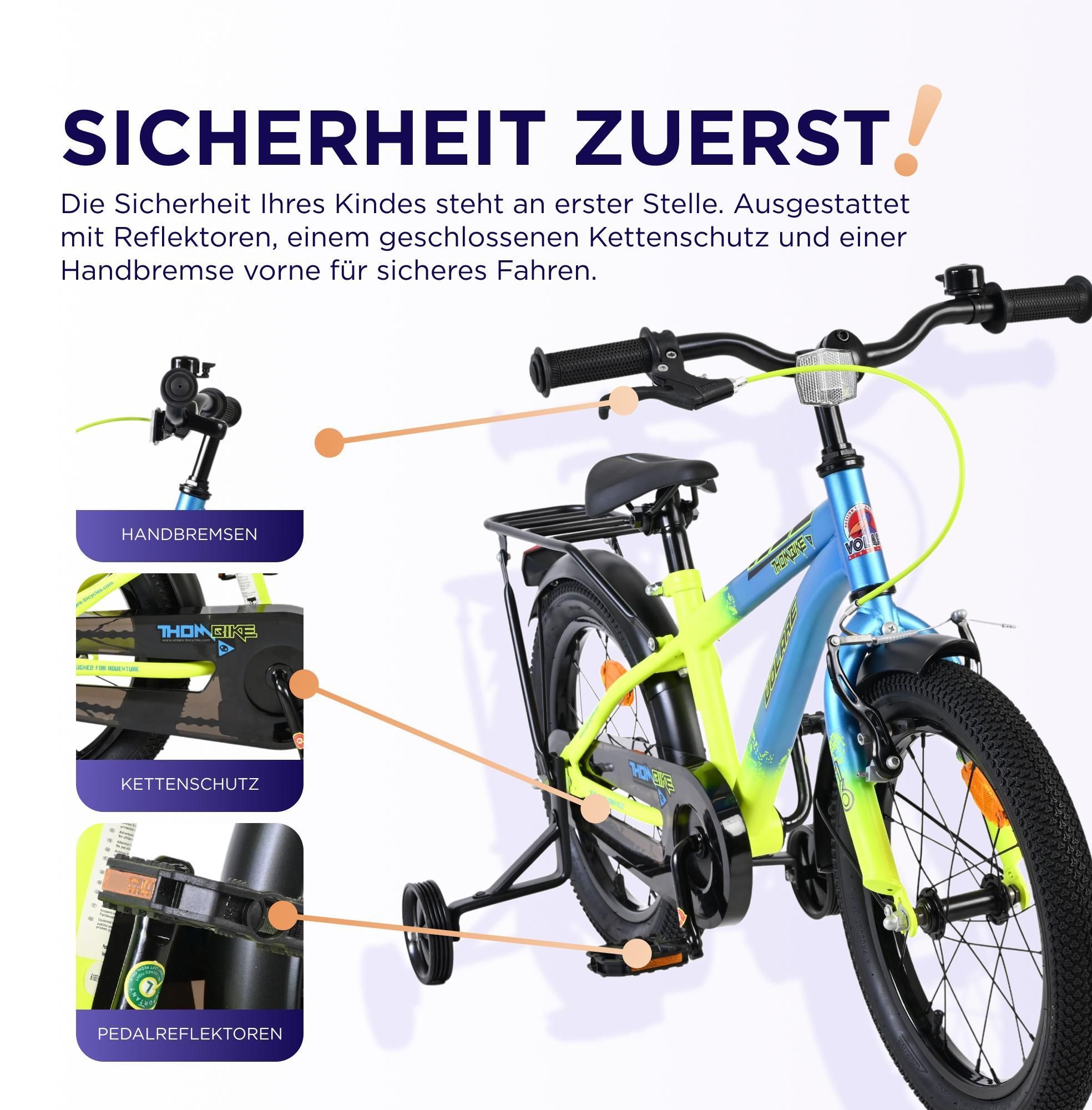 Volare Thombike Kinderfahrrad - Jungen - 16 Zoll - Blau-Gelb