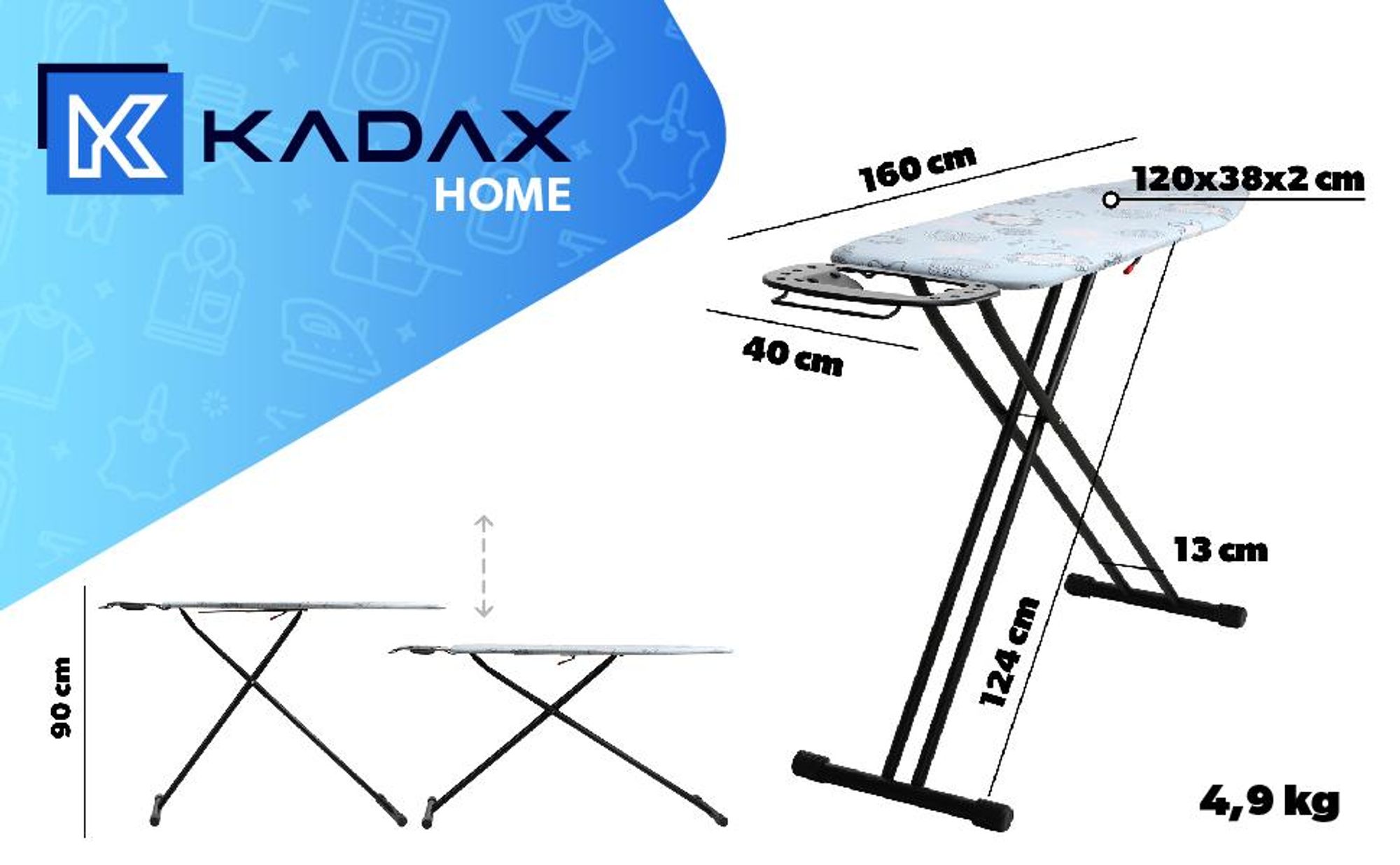 KADAX Bügelbrett "Esio", Bügeltisch, Dampfbügelbrett mit Antirutschfüßen und höhenverstellbarer, 160 cm, Blau