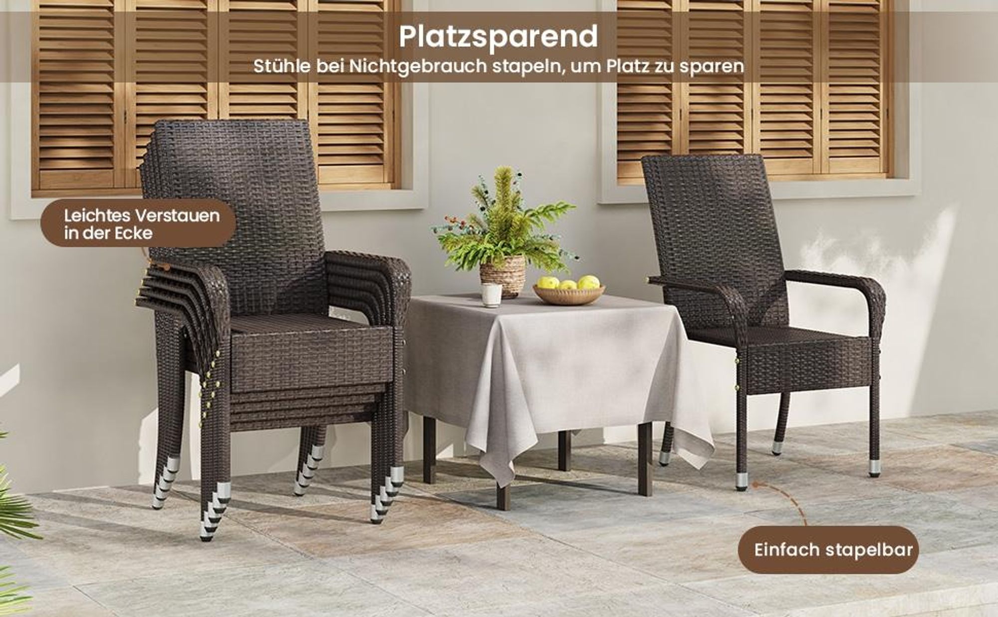Yaheetech 2er Set Gartenstuhl aus Polyrattan, stapelbare Rattan-Stühle, mit Armlehnen & Rückenlehne, verstellbare Schutzfüße, Braun