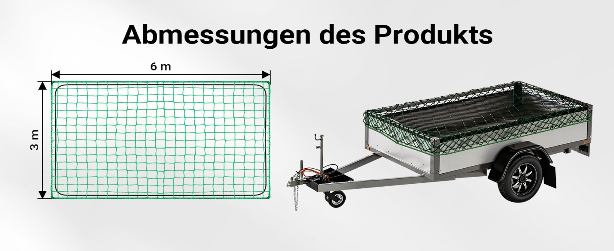 Wiltec Ladungssicherungsnetz 3x6 m Grün Masche 4,5x4,5 cm Stärke 3 mm Polypropylen Transportnetz für Anhänger mit Randkordel Polypropylen Witterungsbeständig Ladung Sicherheit