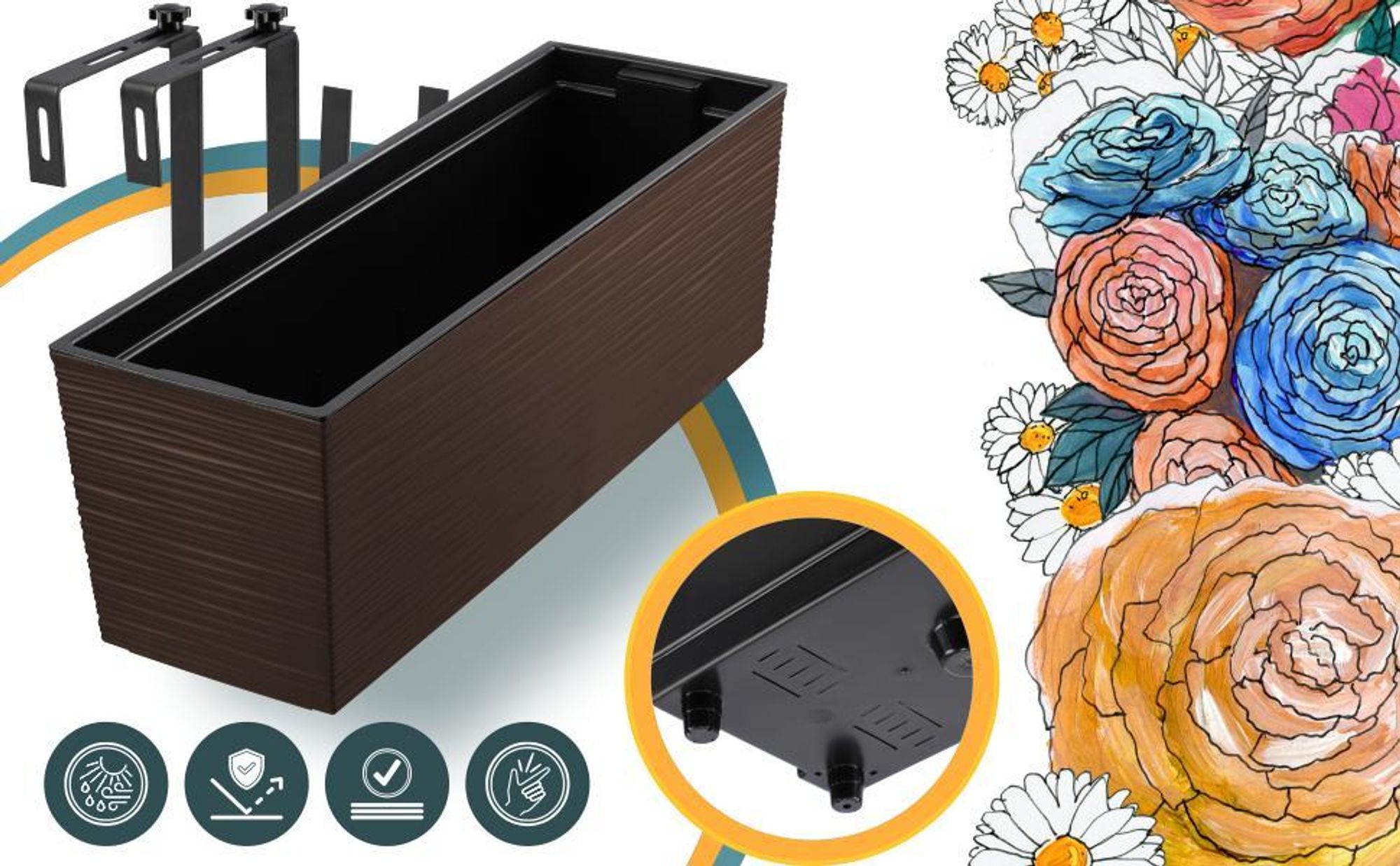 KADAX Blumentopf mit Einsatz "Treviso", 56 cm, Mit Halterungen, Ritzmuster, Mokka