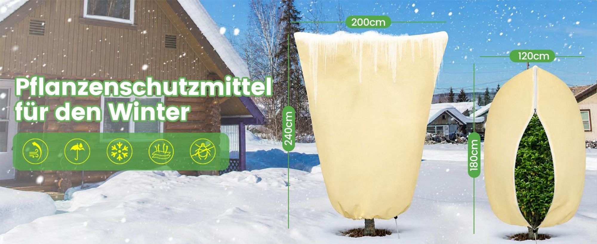 Winterschutz für Pflanzen 200 x 240 cm, Frostschutz Pflanzenabdeckung mit Reißverschluss und Zugband, Wintervlies für Bäume, Palmen & Sträucher
