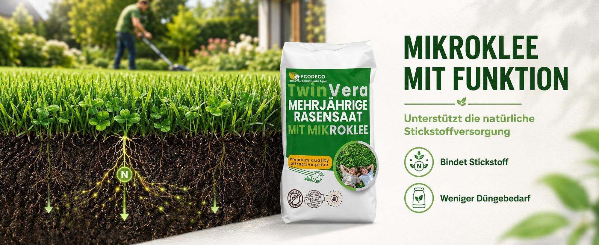 EcoDeco Mikroklee Rasensamen mit Mikroklee Pipolina, strapazierfähige Rasenmischung für 400 m2, mit Weißklee, für dauerhafte Grünflächen
