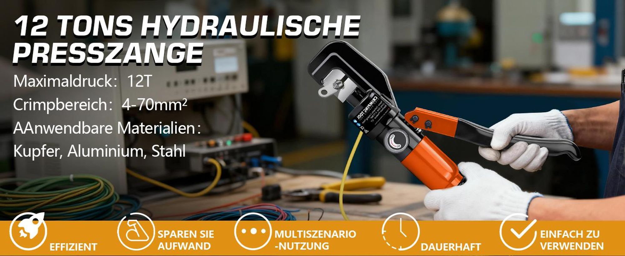 Hydraulische Crimpzange Presszange 4-70mm² mit Kabelschere, Quetschzange Hydraulikzange Kabelschuhzange - Kaltverpressung Werkzeugbau Schaltungsumbau