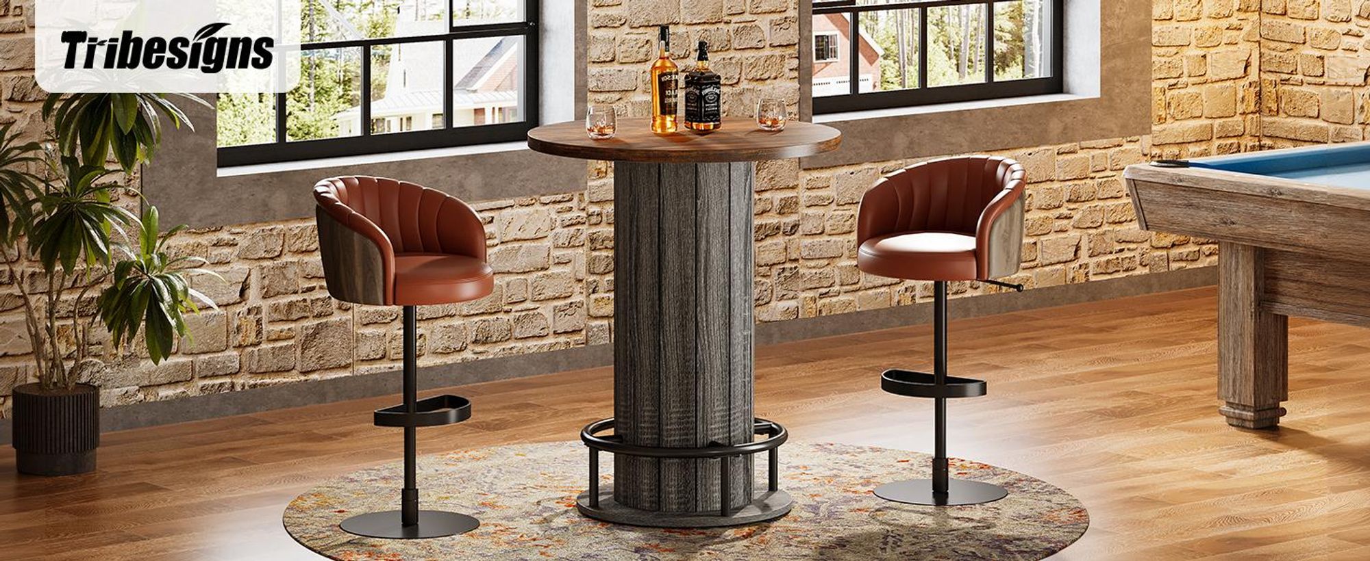 Tribesigns Runder Bartisch, 100 cm hoch, Bistrotisch aus Holz mit Metallring-Fußstütze für Essbereich, Kaffeebar, Cocktailbar, Wohnzimmer,Braun & Grau
