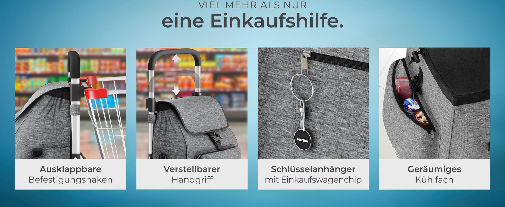 tectake® Einkaufstrolley Shopper 3-in-1, Nutzung auch als Umhängetasche und Sackkarre, 56 l inkl. Kühltasche, leichtgängige Treppensteiger-Räder