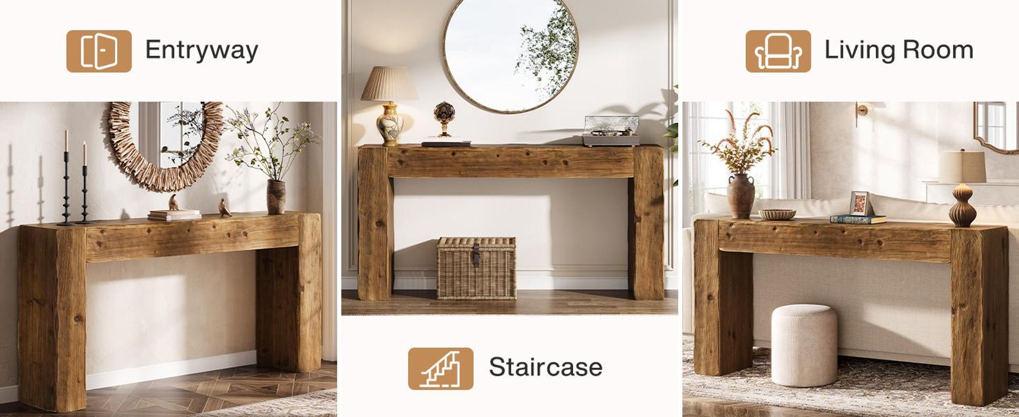Konsolentisch aus Massivholz, 160 cm langer Landhaus-Sofatisch hinter der Couch für Eingangsbereich, Wohnzimmer, Foyer, einfache Montage