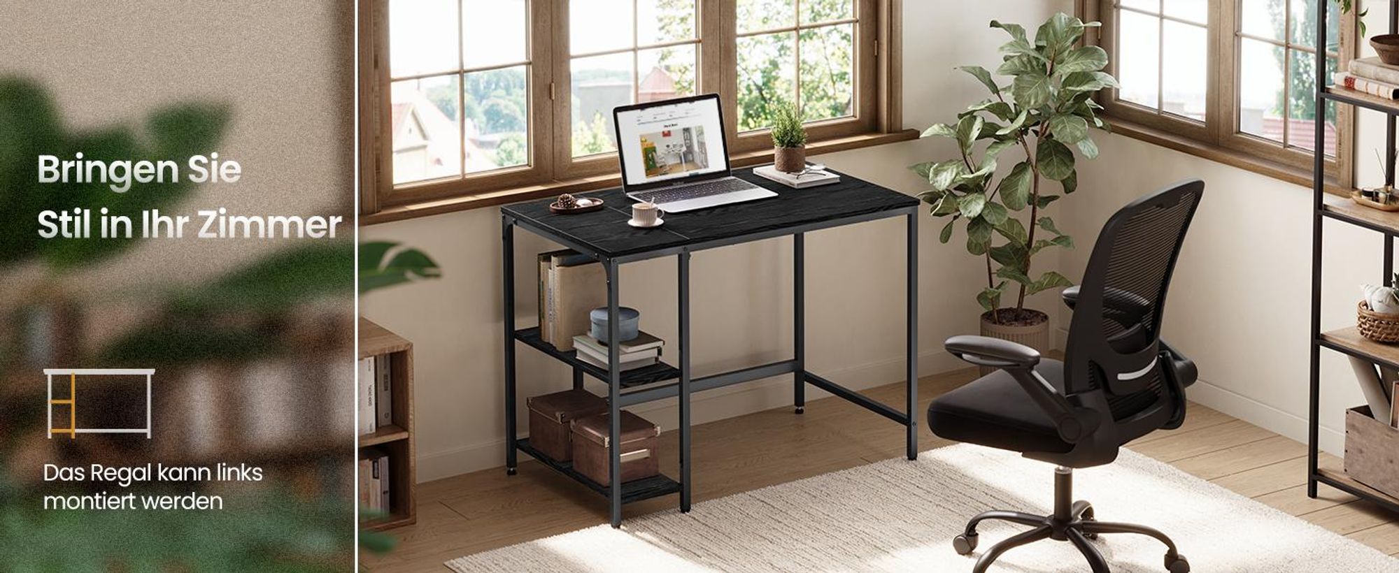 VASAGLE Schreibtisch mit 2 Regale Computertisch 100 x 75 x 60 cm Schwarz