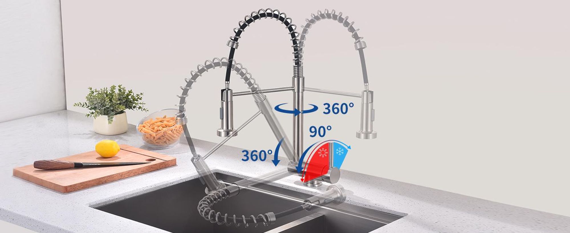Homelody Vorfenster Küchenarmatur 90° Faltbar 360° Drehbare Hochdruck Edelstahl 304 Wasserhahn Küche mit Brause Ausziehbar 2 Strahlarten Gebürstet