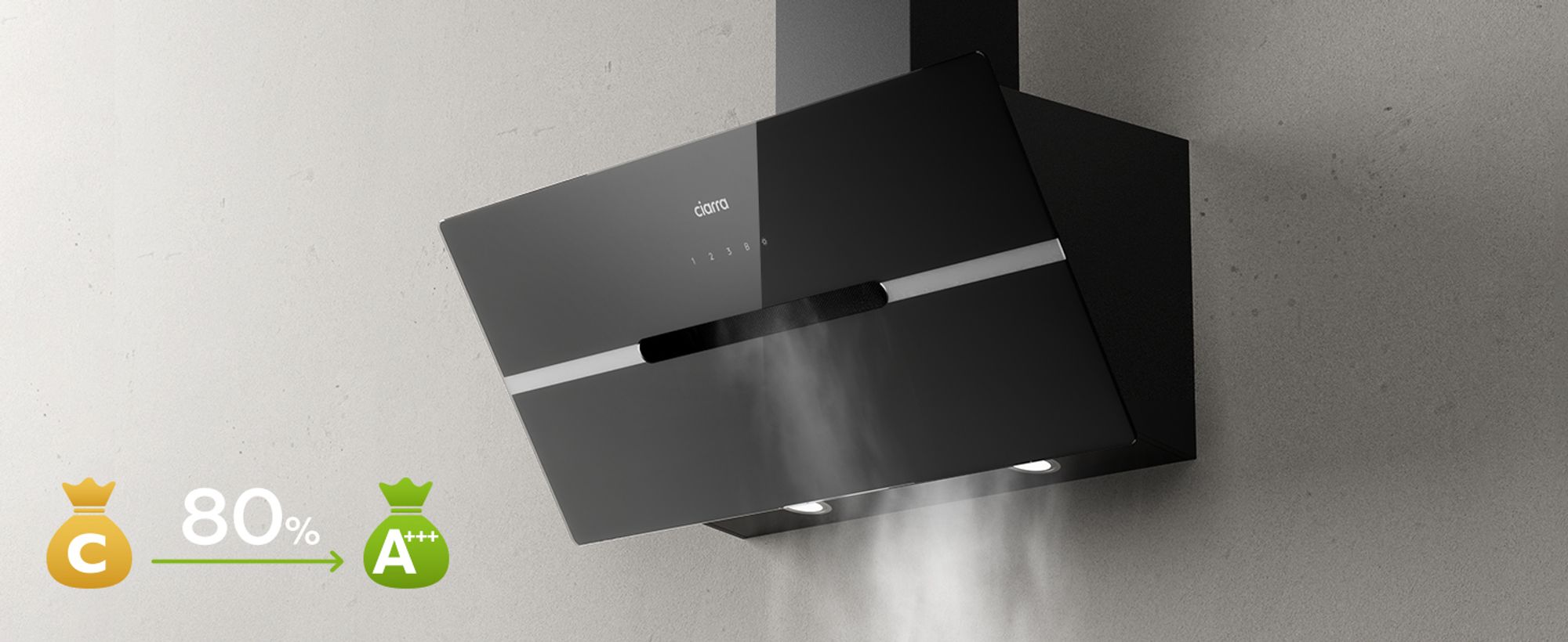 CIARRA Kopffreihaube A+++ 650 m³/h Dunstabzugshaube 90cm Inkl. BOOST WIFI-APP Touch Control VM9736FB
