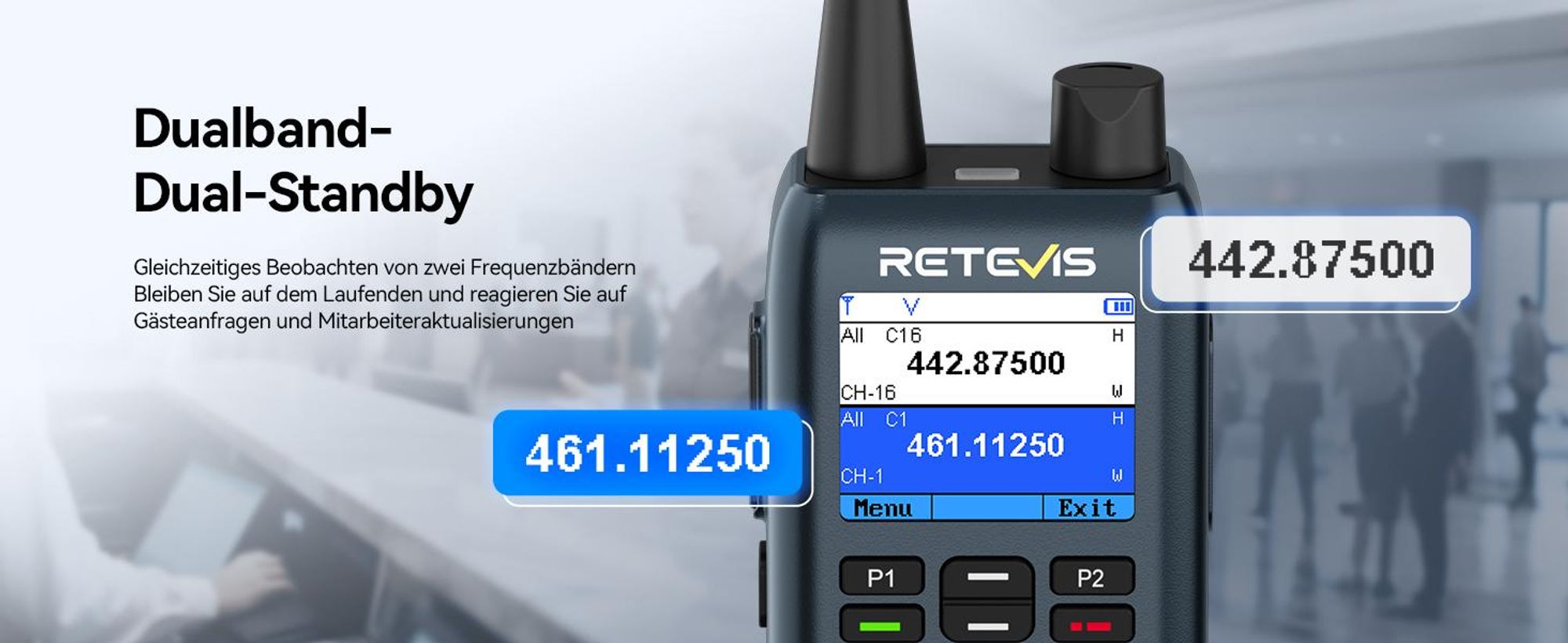 Retevis MateTalk C63 Funkgerät mit Headset, Jobticket-System-Vibrationsalarm/SMS-Funktion, 1,77-Zoll-LCD, 2200 mAh, 3 Anrufmodi, für Einkaufszentren