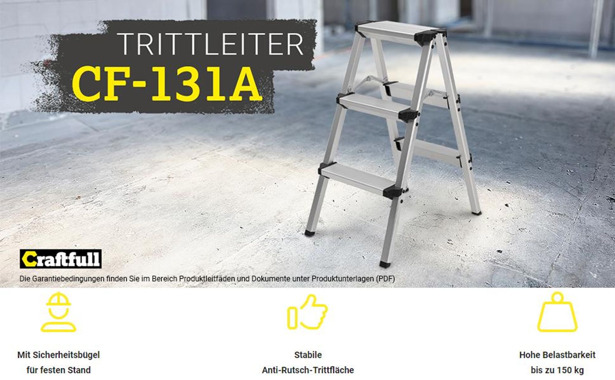 Craftfull Doppel-Klapptritt CF-131A | Aluminium-Trittleiter - Anti-Rutsch - Leiter - Klappbar - Sicherheitsbügel - 150 kg - 2-5 Stufen (2 x 3 Stufen)