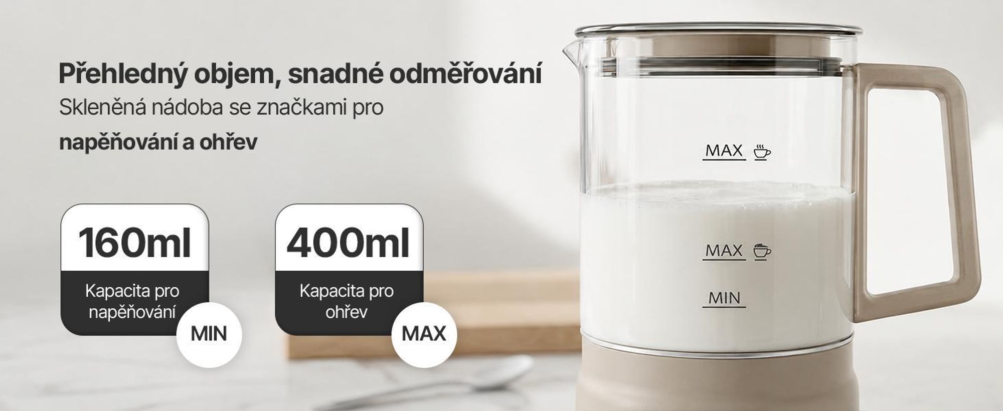 Elektrický pěnový mlékař Olvy ze skla, 4 v 1, 500 W, s ukazatelem teploty, kapacita 160 ml pěny z mléka, 400 ml ohřevu mléka, možnost přípravy teplé i studené pěny, barva béžová