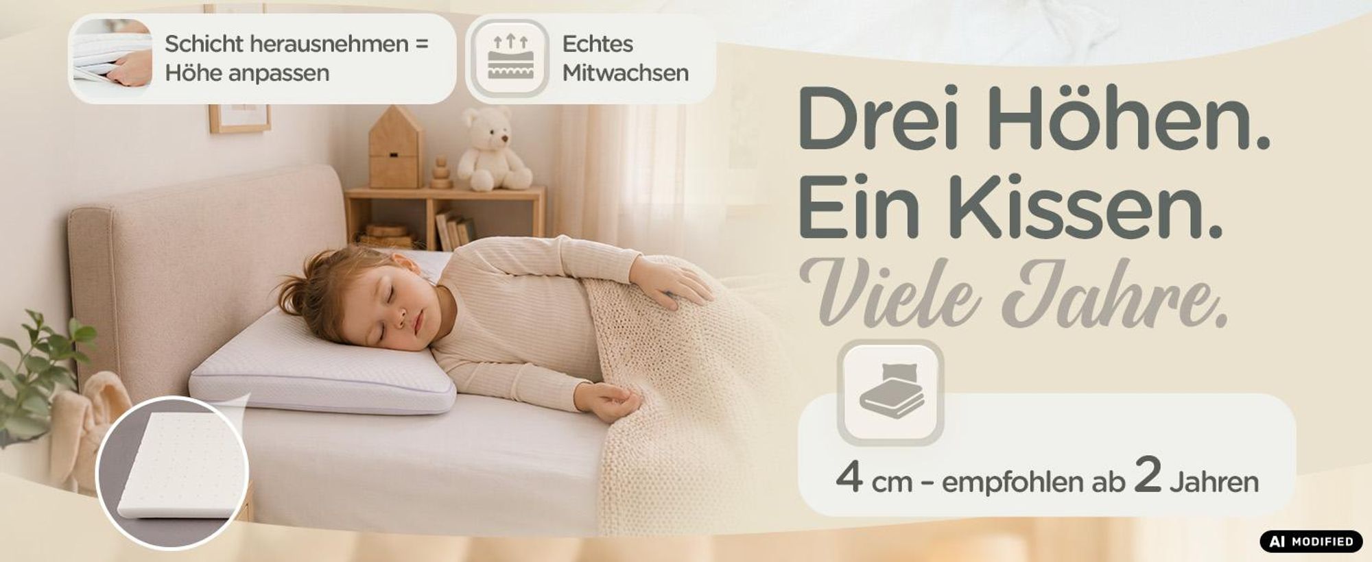 Lunova Kinderkissen 40x60 cm, höhenverstellbar, Memory Foam, flach