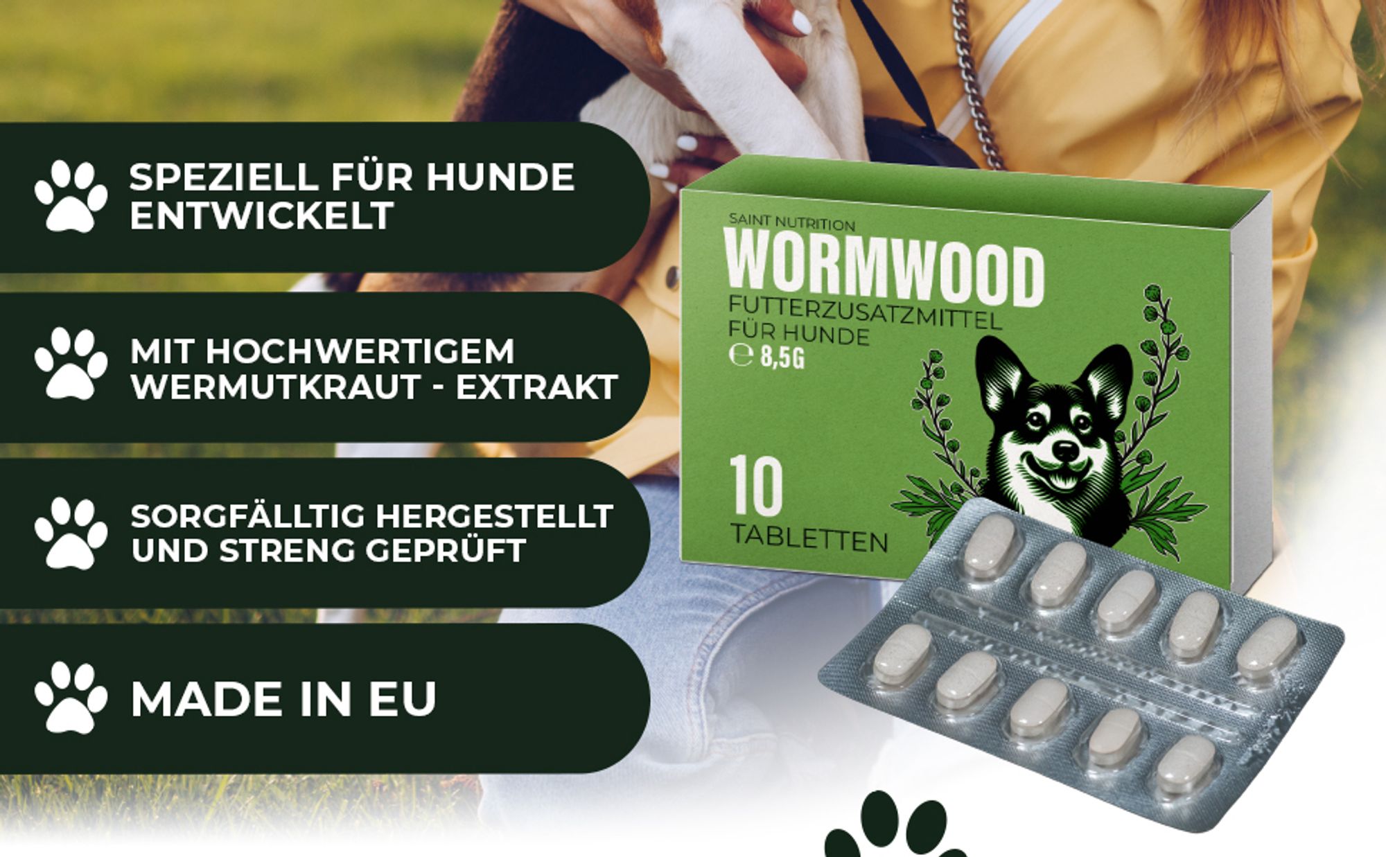 Saint Nutrition® WORMWOOD – Wurmmittеl für Hunde – Wurmkur Hund – Wermut – natürliche Εntwurmung – ohne künstliche Zusätze - nur für Hunde